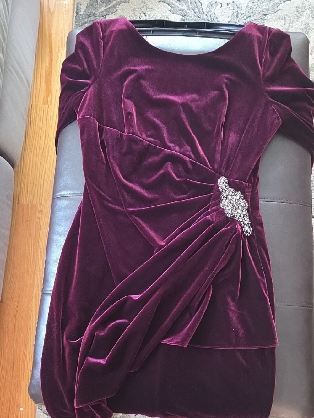 Alex Evenings Velvet Ruched Long-Sleeve Dress in Deep Burgundy